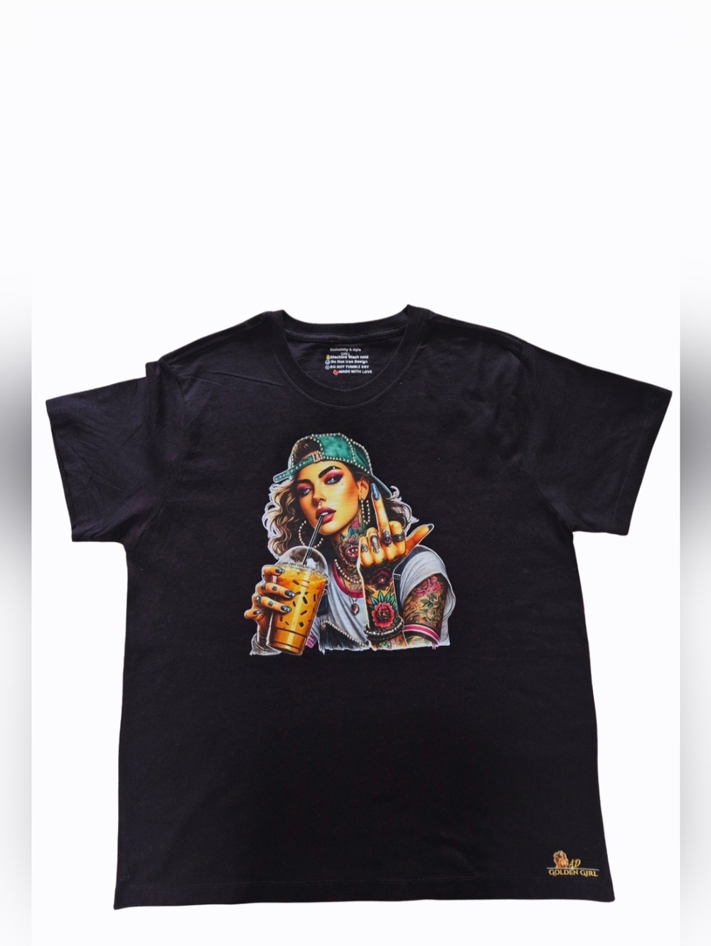 Luxury Hand-Crystalled Green Cap Baddie Tee - AD Golden Girl